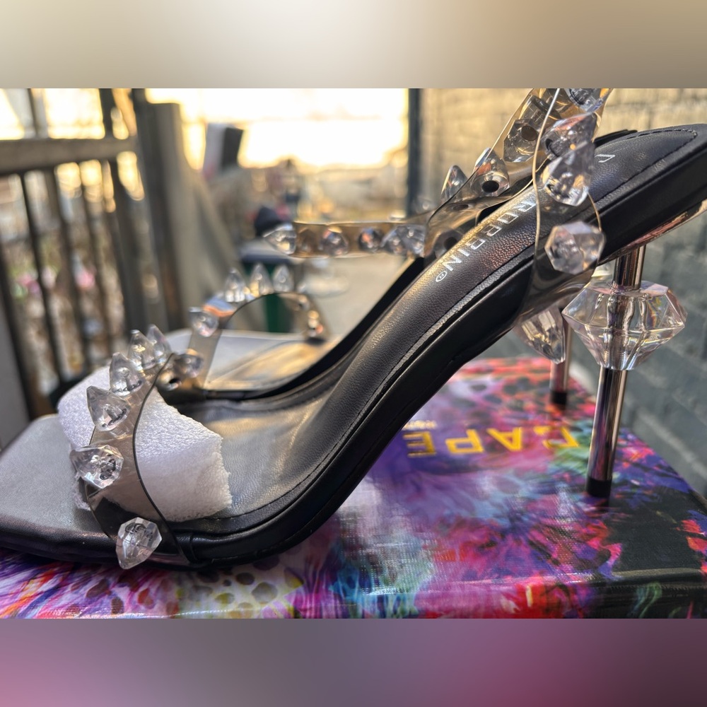 Cape Robbin Clear Crystal Studded Black Sandal Heel